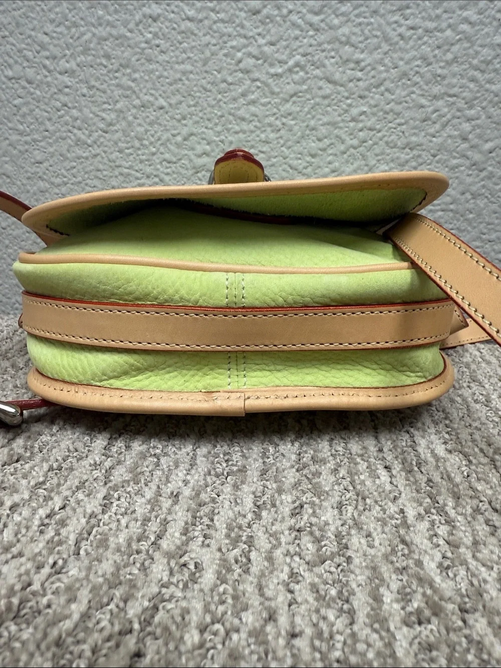 Rare Dooney & Bourke Nubuck/Suede Lime Green & Tan Leather Saddle BagCrossbody